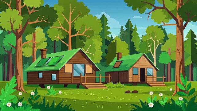 Wooden cabins in a lush forest landscape with flat vector illustration style