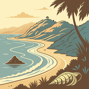 Illustration of a tropical beach with a large conch shell and a small island in the background tropical seashell vacation relaxation paradise
