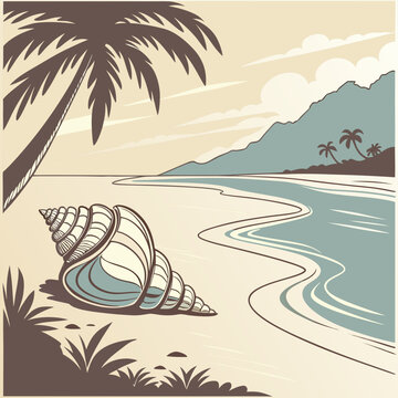 Illustration of a tropical beach with a large conch shell and a small island in the background tropical seashell vacation relaxation paradise