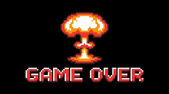 Retro pixel art, Game Over screen, 8-bit explosion, nostalgic video game