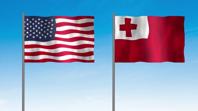 Flag of Tonga and USA, Pole flag of Tonga and USA on clear sky background. Tonga and USA flag waving. 
