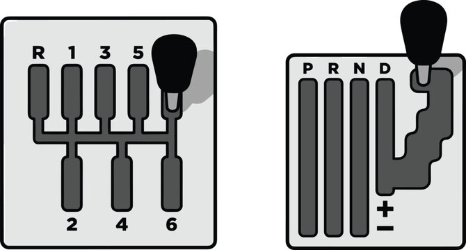 Manual and automatic car gear shifter vector illustration icon set showing transmission sticks gearshift pattern and tiptronic gate selector.