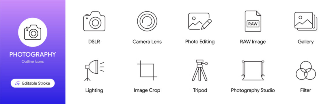 Vector photography icons set including DSLR, camera lens, and tripod