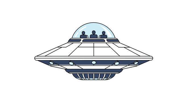 Silver flying saucer ufo with three small grey alien pilots visible inside a transparent dome for science fiction and space exploration themes.