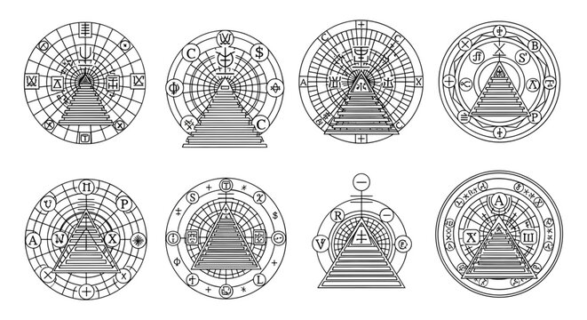 Set of eight mystical pyramid symbols with astrological and alchemical elements, black and white line art illustrations.