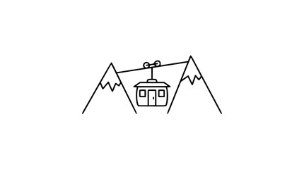 A clean black and white line art vector icon of a mountain cable lift with gondola cabins, perfect for ski resort maps, travel apps, or alpine tourism brochures. © BIZLE