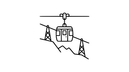 A clean black and white line art vector icon featuring a mountain cable lift with support towers, ideal for hiking trail maps, adventure travel websites, or outdoor gear branding. © BIZLE