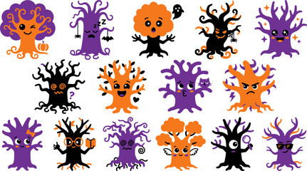 Obraz premium Halloween tree creatures spooky cartoon characters for kids