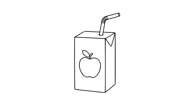 A clean black and white line art vector icon of a juice box with a straw, perfect for children's beverage menus, lunch packaging labels, or healthy drink branding materials.