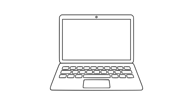 A clean black and white line art vector icon of a laptop computer, perfect for technology websites, app interfaces, and digital business presentations.