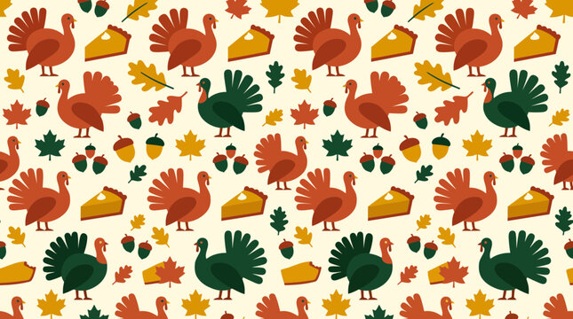 Thanksgiving pattern with turkeys pumpkin pie slices and autumn leaves