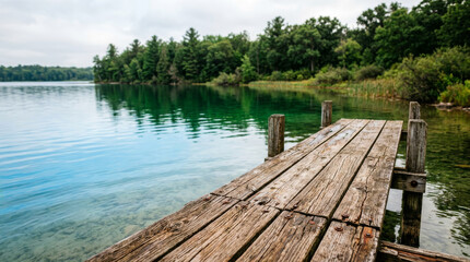 Obraz premium Rustic wooden pier on a calm turquoise lake, weathered timber dock overlooking a peaceful forest shoreline, serene summer landscape with clear water