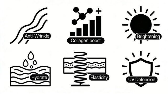 Arrange six minimalist skin condition icons to highlight skincare enhancement selling points, representing the concepts of anti wrinkle repair, collagen promotion, and daily skin protection
