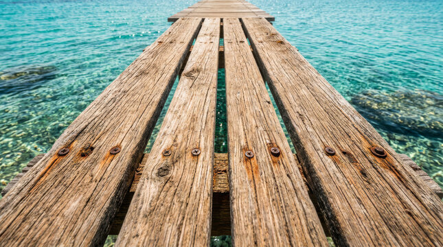 Rustic wooden pier leading into turquoise ocean water, weathered timber dock over clear sea, coastal landscape with perspective view of a sun-bleached boardwalk