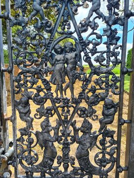 Ornate wrought iron gate detail at Hatfield House, Hertfordshire, England