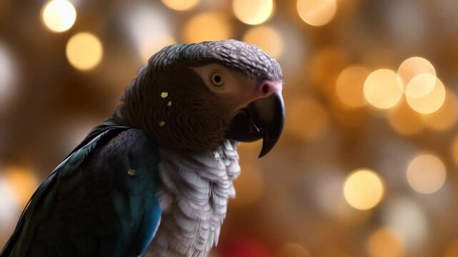 Colorful parrot with blue and gray feathers turns its head, showcasing its beak and eye against a blurred background of warm golden lights