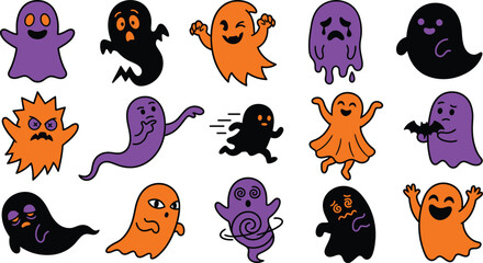 Fototapeta premium Cute halloween ghosts and monsters vector illustration set for spooky season designs