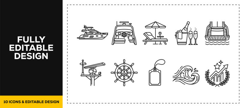 flat vector illustration line art icon bundle set design covering maritime sea travels ship steering wheels ocean waves sun chairs and nautical sailing graphics for UI