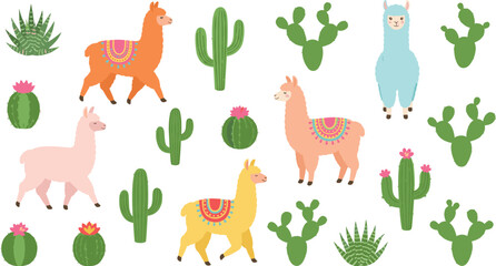 Fototapeta premium Cute alpaca and llama vector illustration seamless pattern element set with desert cactus succulent plants isolated on white background.