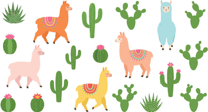 Cute alpaca and llama vector illustration seamless pattern element set with desert cactus succulent plants isolated on white background.
