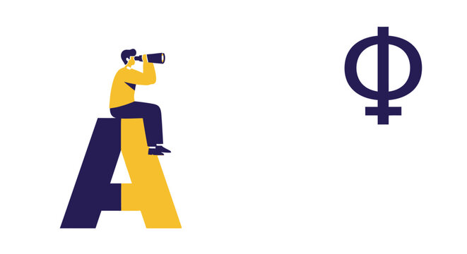 Business Vision and Strategic Planning Concept: Man Sitting on Letter A Looking Through Binoculars at Greek Phi Symbol