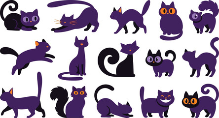 Obraz premium Cute Black Cat Vector Clipart Set
