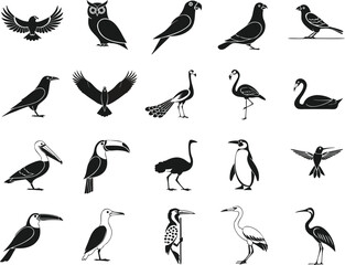Fototapeta premium 20 Birds Silhouette Vector Icons Bundle - Black and White Flying and Wild Bird Collection Isolated on White Background