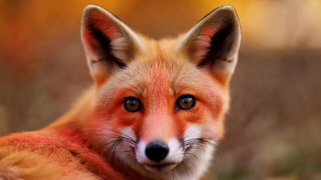 Red fox with vibrant orange fur and striking eyes turns its head, showcasing its features against a blurred autumn background of warm colors and foliage