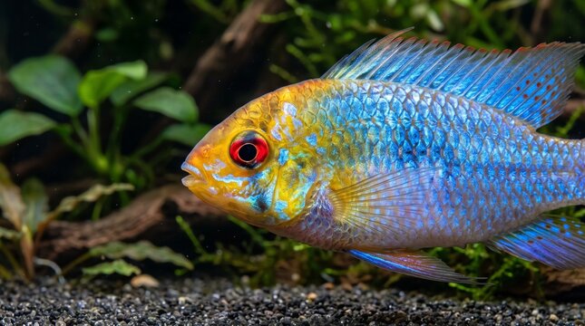 Close up of a vibrant blue and yellow ram cichlid fish with striking red eyes in a freshwater aquarium
