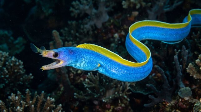 Vibrant Blue Ribbon Eel with Yellow Trim Swims Through Coral Reef Underwater