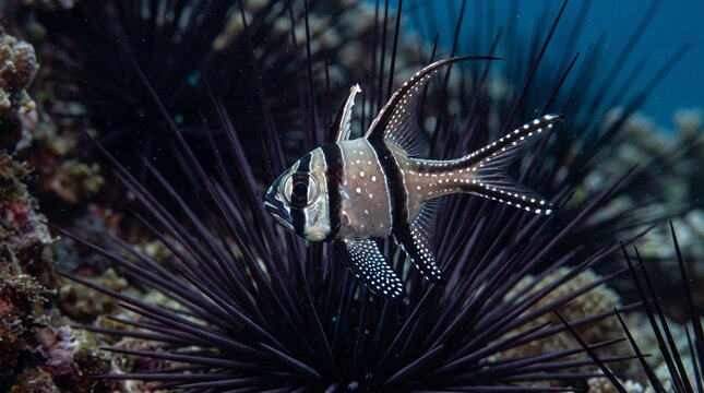 Banggai Cardinalfish with Spiky Sea Urchin in Coral Reef Underwater Marine Life