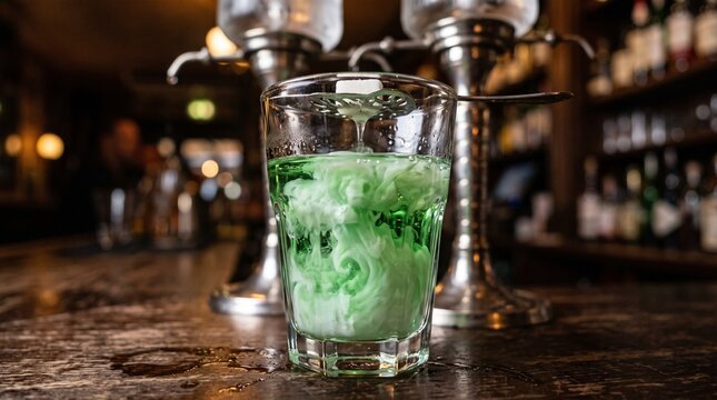 Absinthe preparation ritual with sugar cube and water drip in a dimly lit bar