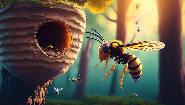a wasp flying near a nest in a tree with a forest in the background
