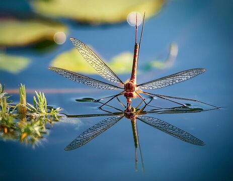 a water strider on a pond with aquatic plants and reflections