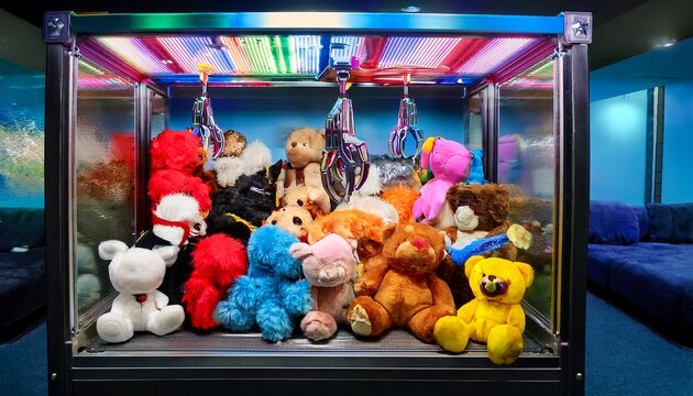 claw machine filled with various colorful plush toys and stuffed animals a metal claw arm poised for an arcade game play