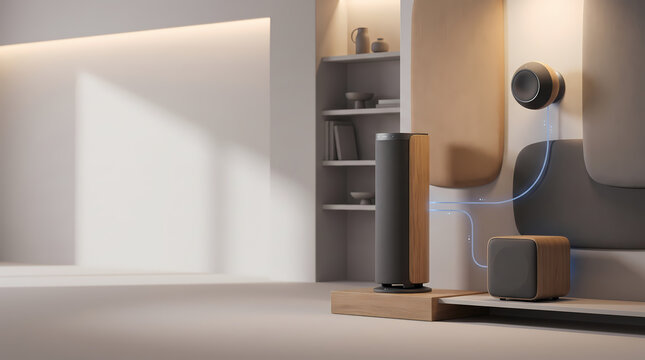 Home audio speakers infographic illustration with modern living room setup