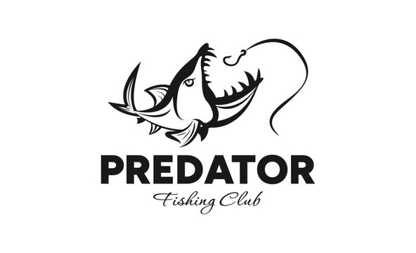black and white logo of a goliath tigerfish or predatory fish aggressively open mouth pose to bite a hook for fishing logo design or illustration.