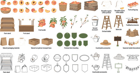 Peach farm harvest and orchard agriculture vector set with market stalls wooden crates ladders sacks labels watering cans and clean black outline icons © MdMonirul