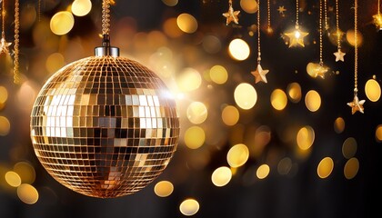 party background with a giant golden disco ball suspended by a silver chain gold and black colors dark background with bokeh lights space for text