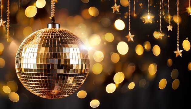 party background with a giant golden disco ball suspended by a silver chain gold and black colors dark background with bokeh lights space for text