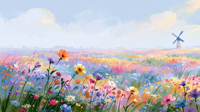 Colorful wildflower meadow under a dreamy sky, windmill landscape
