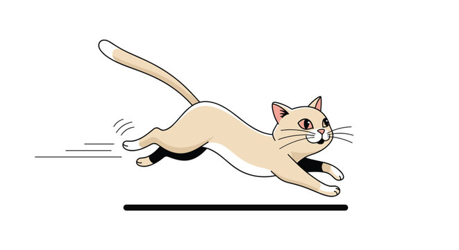 Energetic beige cat with black paws captured in mid air while running fast across a white background in a playful cartoon style for pet themes.