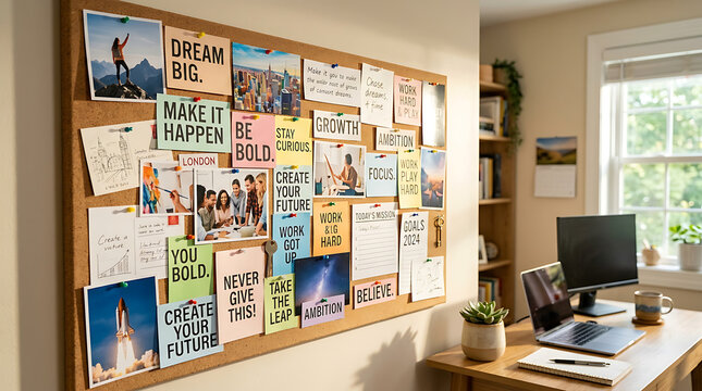 A corkboard filled with motivational quotes images and inspiring words to fuel ambition and success in a modern office setting