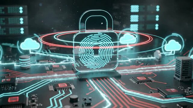 Biometric fingerprint authentication animation with cloud security technology, digital identity verification and cybersecurity protection, futuristic network background video