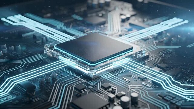 Advanced microprocessor animation with semiconductor circuit technology, AI computing and high speed digital data processing, futuristic electronic hardware background video