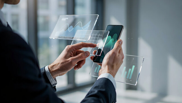 Close up of businessman hands holding smartphone with floating transparent glass data analytics screens and charts in modern corporate office