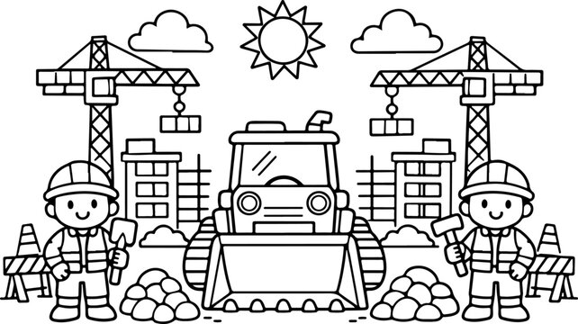 chantier de construction, dessin au trait dessin&eacute; &agrave; la main, illustration style gribouillage &agrave; colorier pour enfants