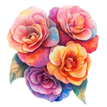 Begonia Bouquet watercolor painting, semi-realistic fantasy illustration, gentle magical details, isolated on white