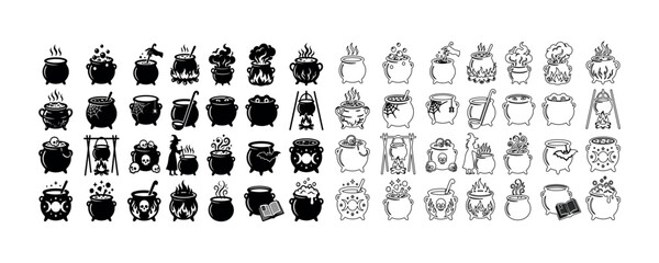 Black magic cauldron icons with stars and moons © Mst Alaya