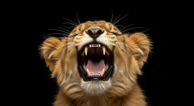 Powerful Close-up of a Young Lion Cub Roaring with Open Mouth and Sharp Teeth Isolated on Black Background
